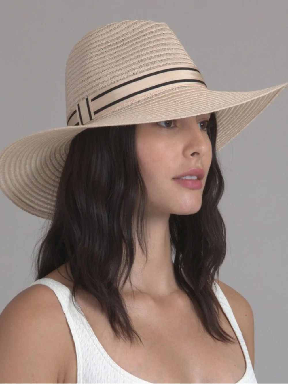 Eugenia Kim Beige Straw Wide-Brim Fedora with Black Band